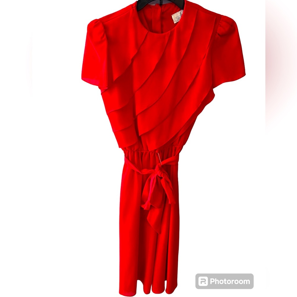 Vintage Vivid Red Chiffon Dress with Ruffled Top, Tie Belt & 6 Buttons on Back.